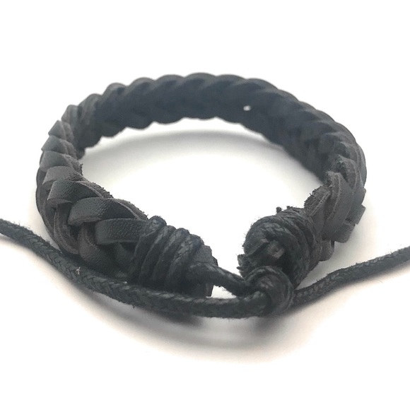 Black Braided Leather Adjustable Bracelet - Picture 3 of 5